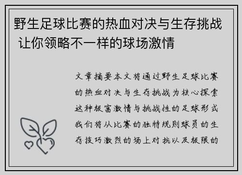 野生足球比赛的热血对决与生存挑战 让你领略不一样的球场激情