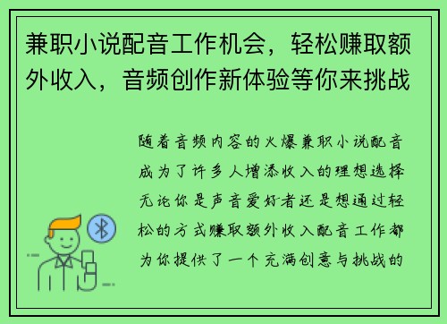 兼职小说配音工作机会，轻松赚取额外收入，音频创作新体验等你来挑战