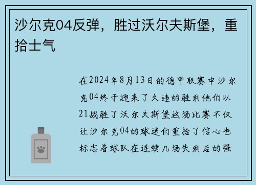 沙尔克04反弹，胜过沃尔夫斯堡，重拾士气