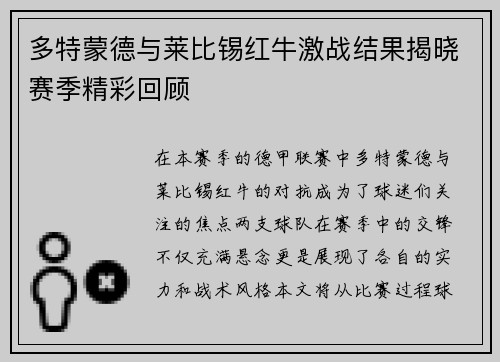 多特蒙德与莱比锡红牛激战结果揭晓赛季精彩回顾