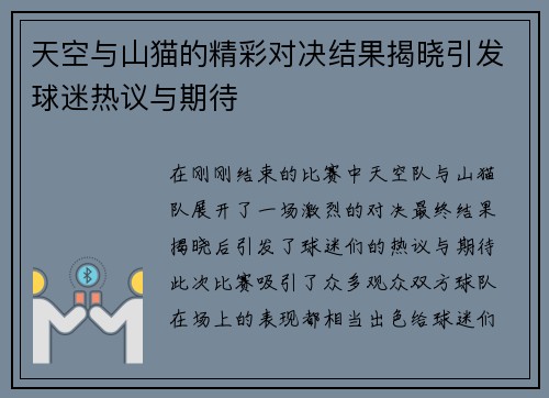 天空与山猫的精彩对决结果揭晓引发球迷热议与期待