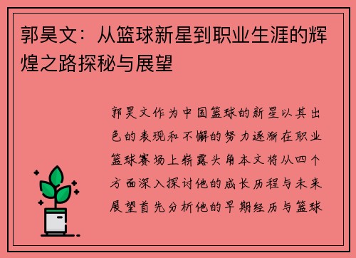 郭昊文：从篮球新星到职业生涯的辉煌之路探秘与展望