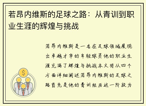 若昂内维斯的足球之路：从青训到职业生涯的辉煌与挑战