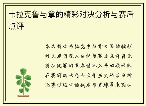 韦拉克鲁与拿的精彩对决分析与赛后点评