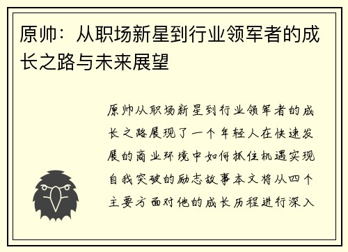 原帅：从职场新星到行业领军者的成长之路与未来展望