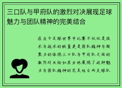 三口队与甲府队的激烈对决展现足球魅力与团队精神的完美结合