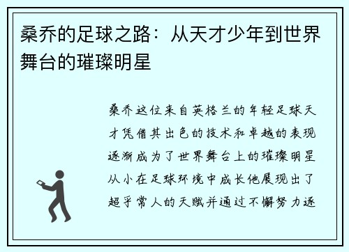 桑乔的足球之路：从天才少年到世界舞台的璀璨明星