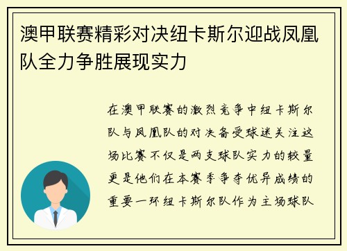 澳甲联赛精彩对决纽卡斯尔迎战凤凰队全力争胜展现实力