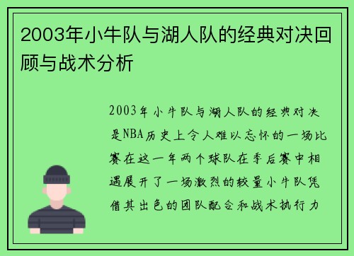 2003年小牛队与湖人队的经典对决回顾与战术分析