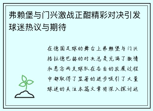 弗赖堡与门兴激战正酣精彩对决引发球迷热议与期待