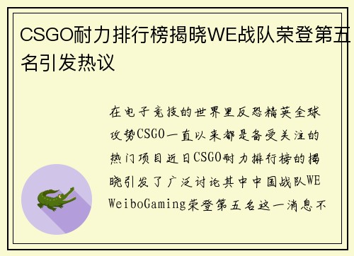 CSGO耐力排行榜揭晓WE战队荣登第五名引发热议