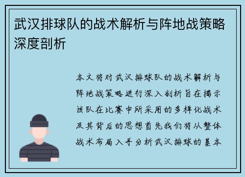 武汉排球队的战术解析与阵地战策略深度剖析