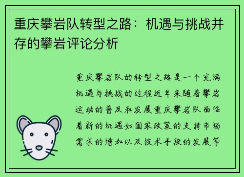 重庆攀岩队转型之路：机遇与挑战并存的攀岩评论分析