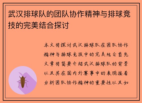 武汉排球队的团队协作精神与排球竞技的完美结合探讨